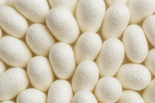 Close-up of white silkworm cocoons forming a soft textured background