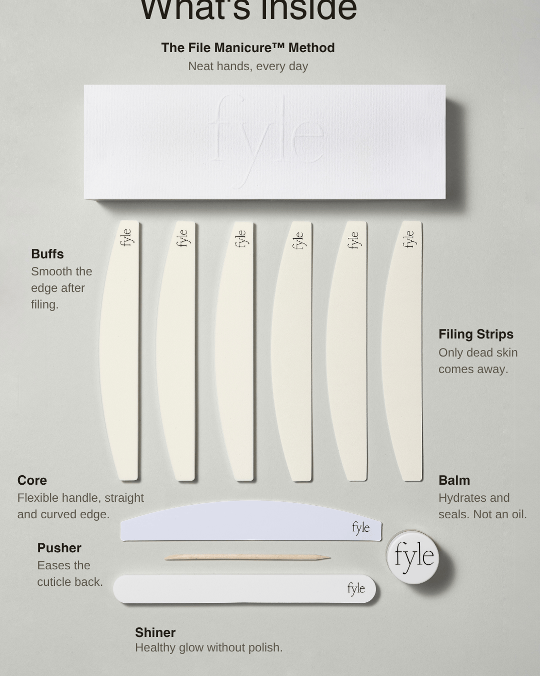 Fyle – Nail, Cuticle & Handcare. Carefully engineered for safe, clean manicures. Nail & Cuticle Care Kit The File Manicure™ Kit