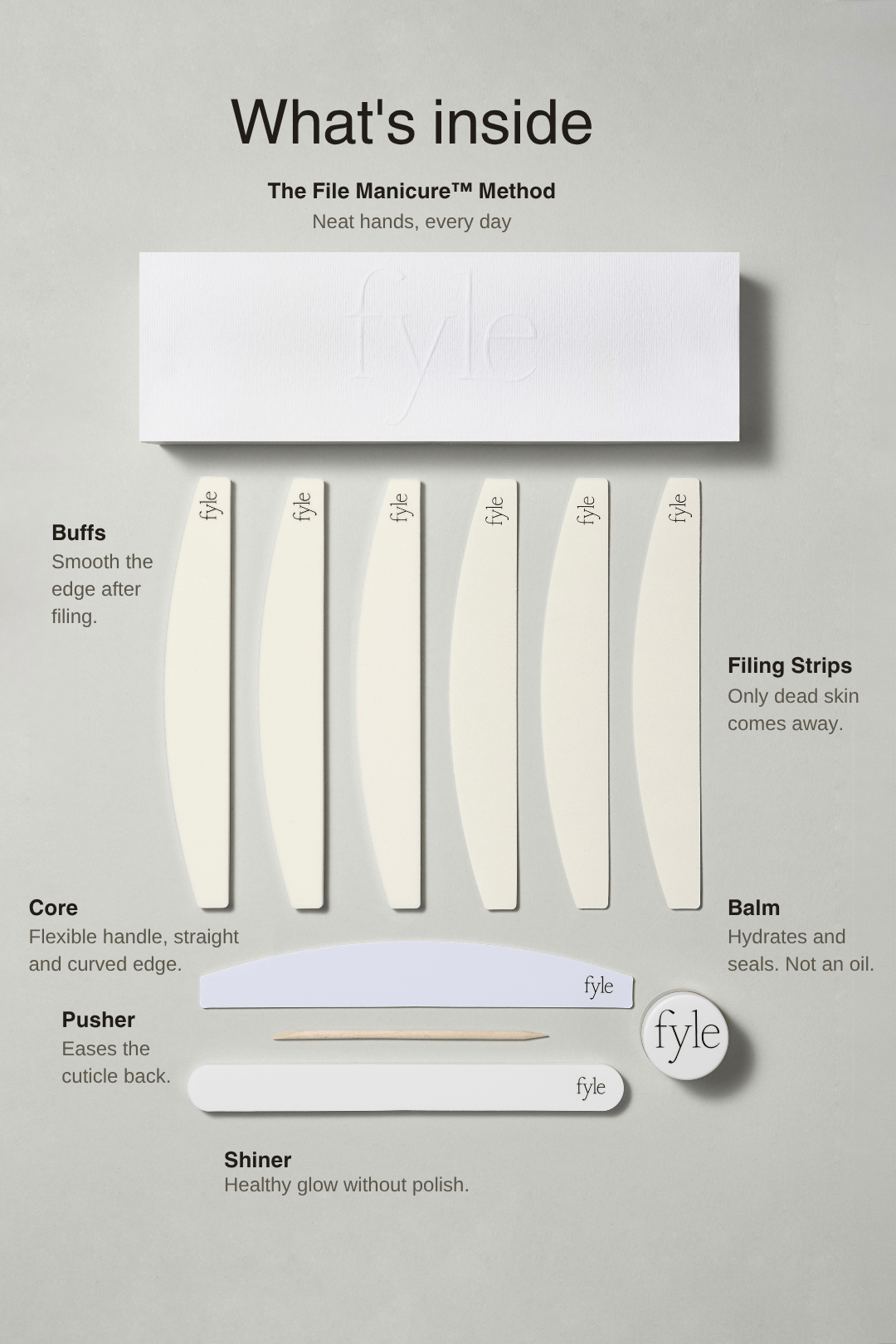 Fyle – Nail, Cuticle & Handcare. Carefully engineered for safe, clean manicures. Nail & Cuticle Care Kit The File Manicure™ Kit